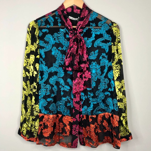 NWT Alice + Olivia Jeannie Show Me Love Tie Neck Silk Jacquard Velvet Blouse M - Picture 5 of 16